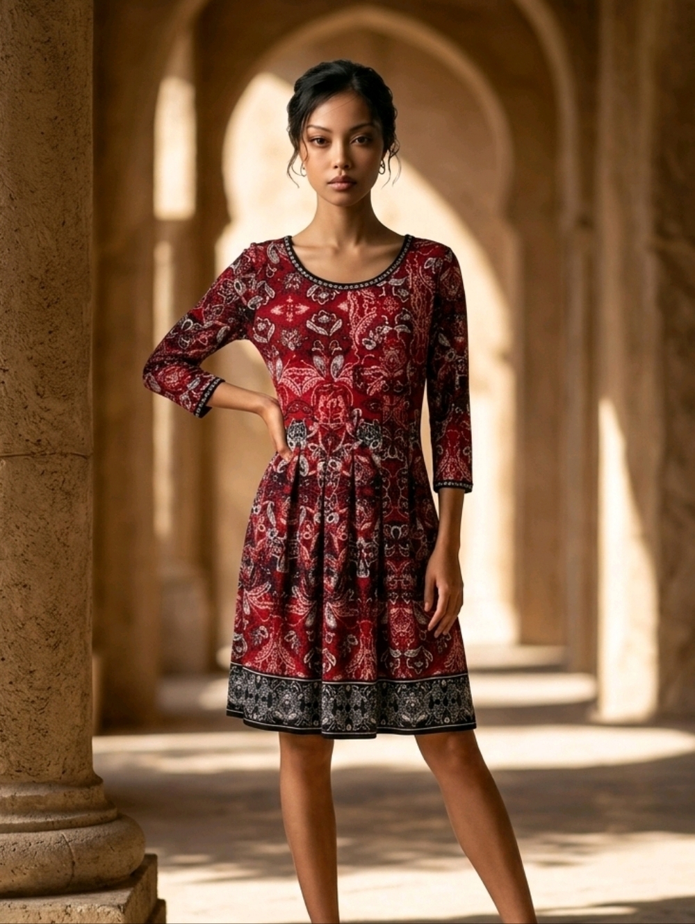Max Studio Paisley Dress XS Burgundy Border Print 3/4 Sleeve Fit Flare Boho Chic